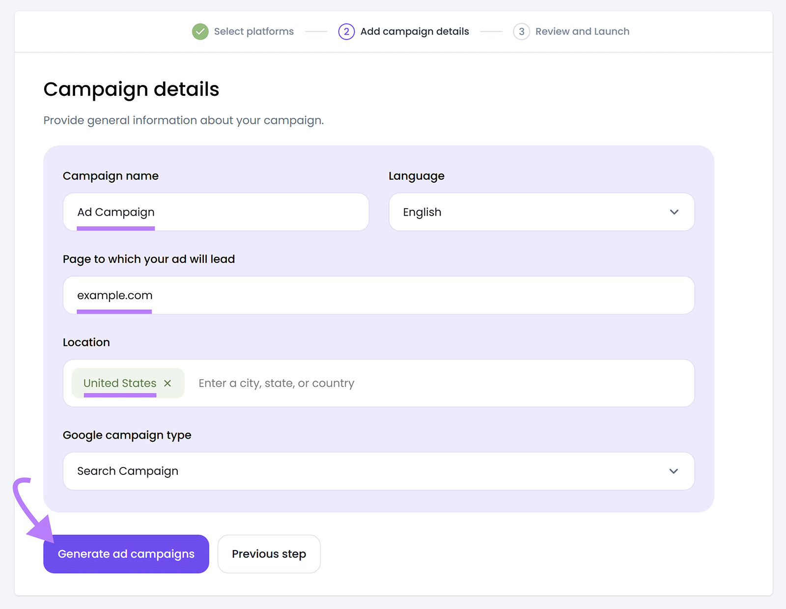 Campaign details form with fields filled and arrow pointing to Generate ad campaigns button.