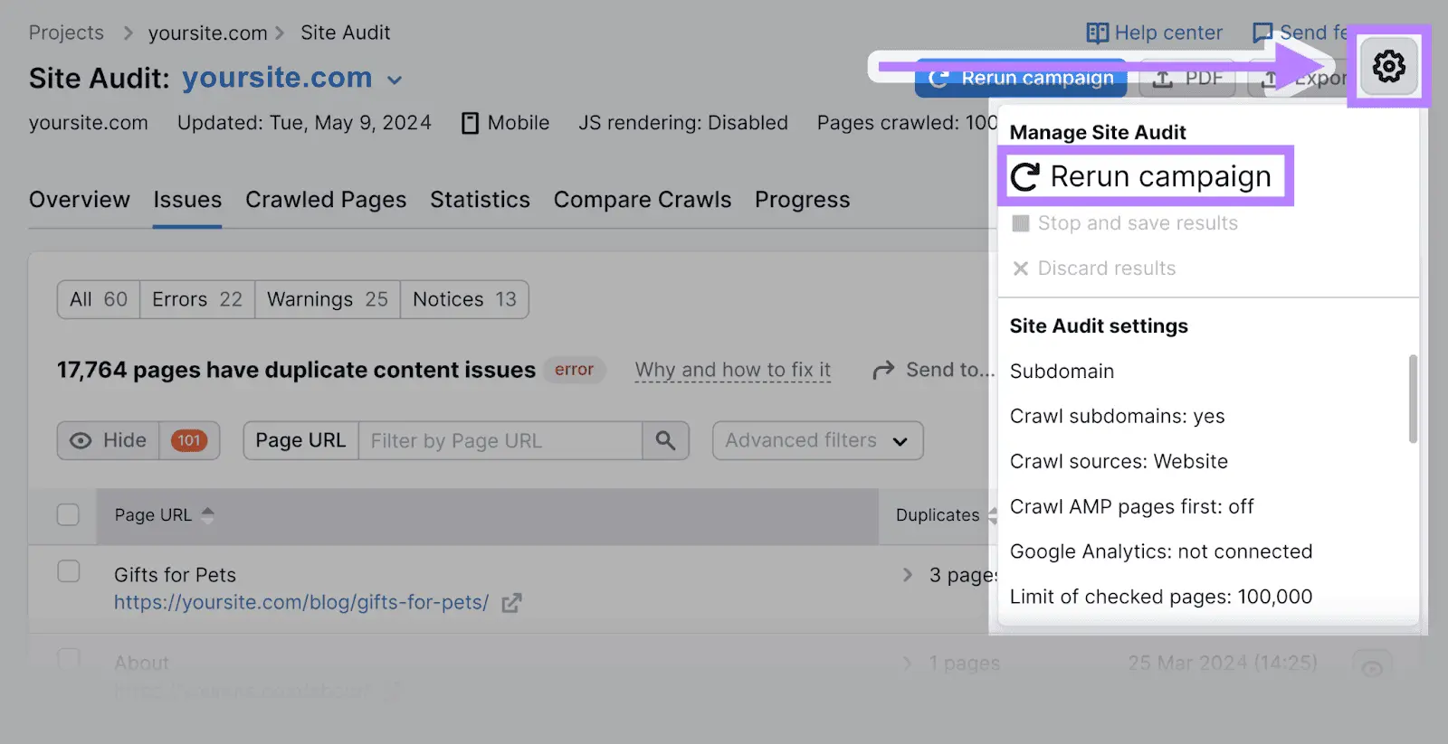 highlighted gear icon in the upper-right corner, showing a dropdown menu with an option to rerun the campaign
