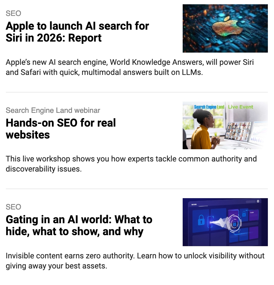 An email newsletter by Search Engine Land promoting new blog posts published on their website to their subscribers.
