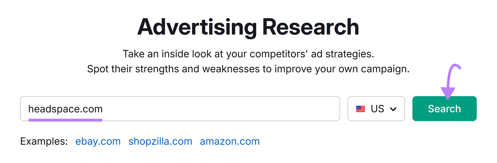 Advertising Research tool with 'headspace.com' entered and arrow pointing to Search button.