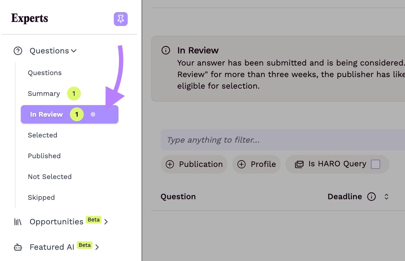 The "In Review" tab highlighted on the left-hand side menu on Featured.