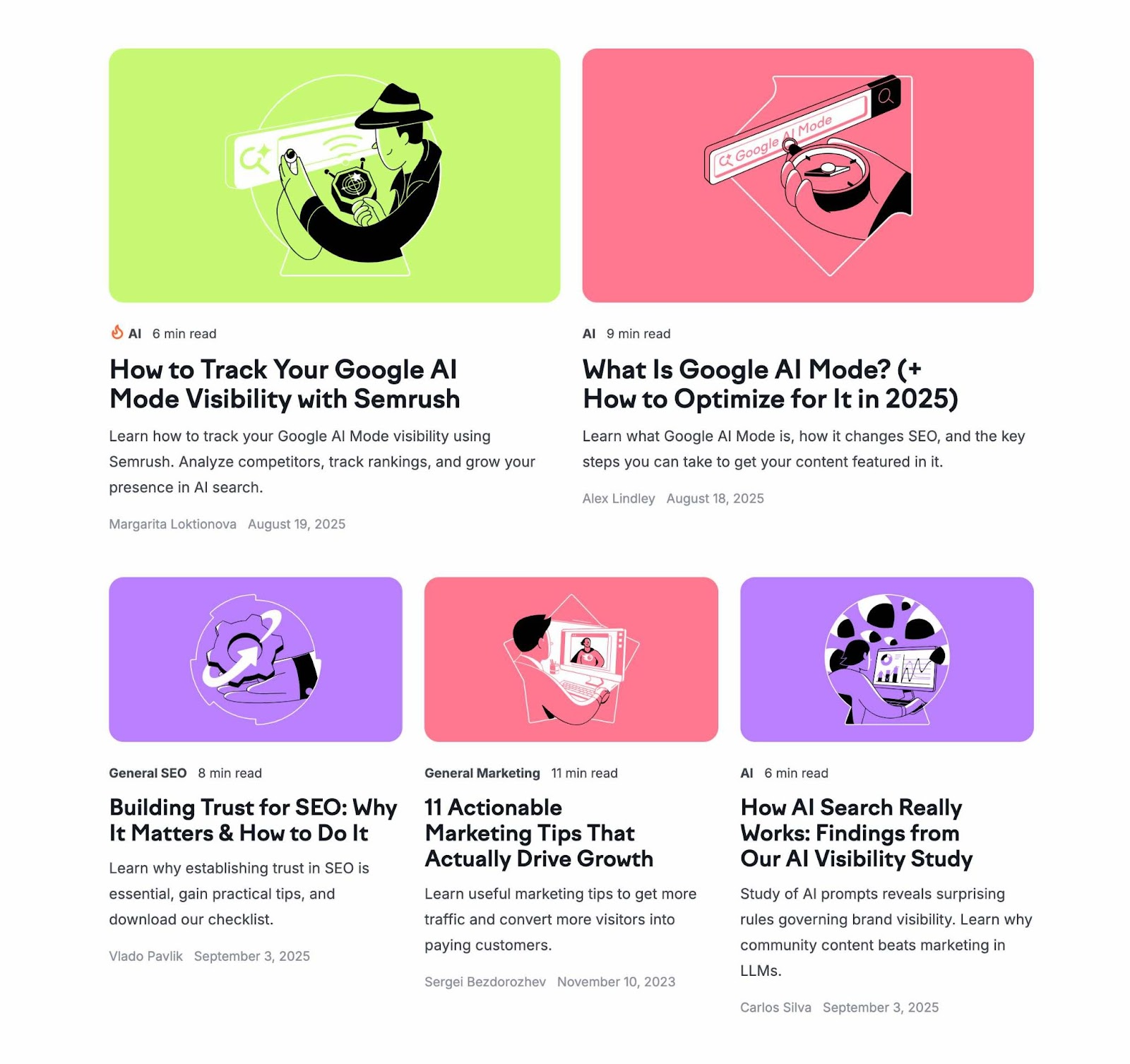 Blog posts by Semrush showing articles covering topics related to SEO, AI, content, and other marketing concepts.