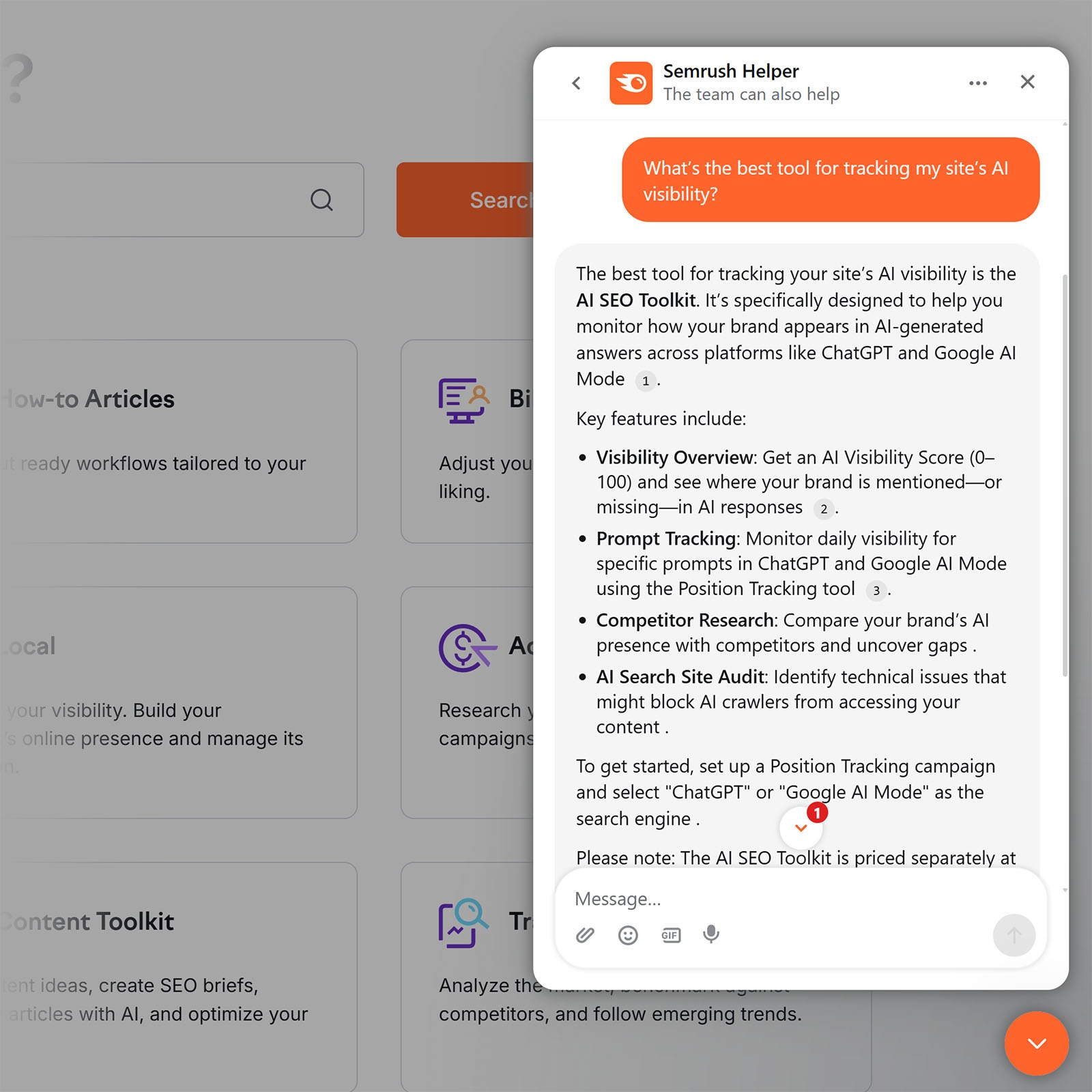 Semrush Helper chat window answering a question about tracking AI visibility using the AI Visibility Toolkit.