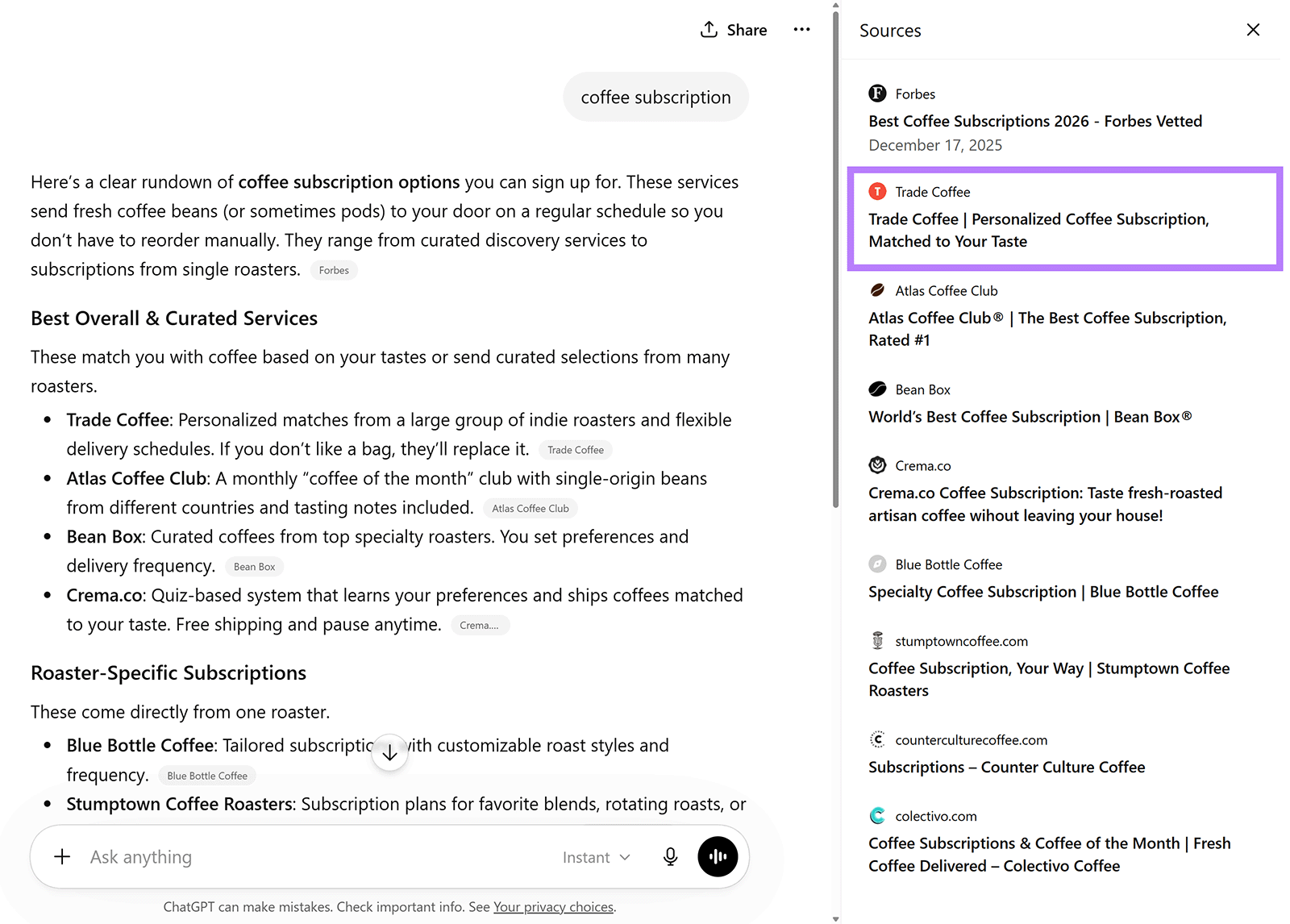 ChatGPT response for “coffee subscription” showing cited brand sources in the sidebar