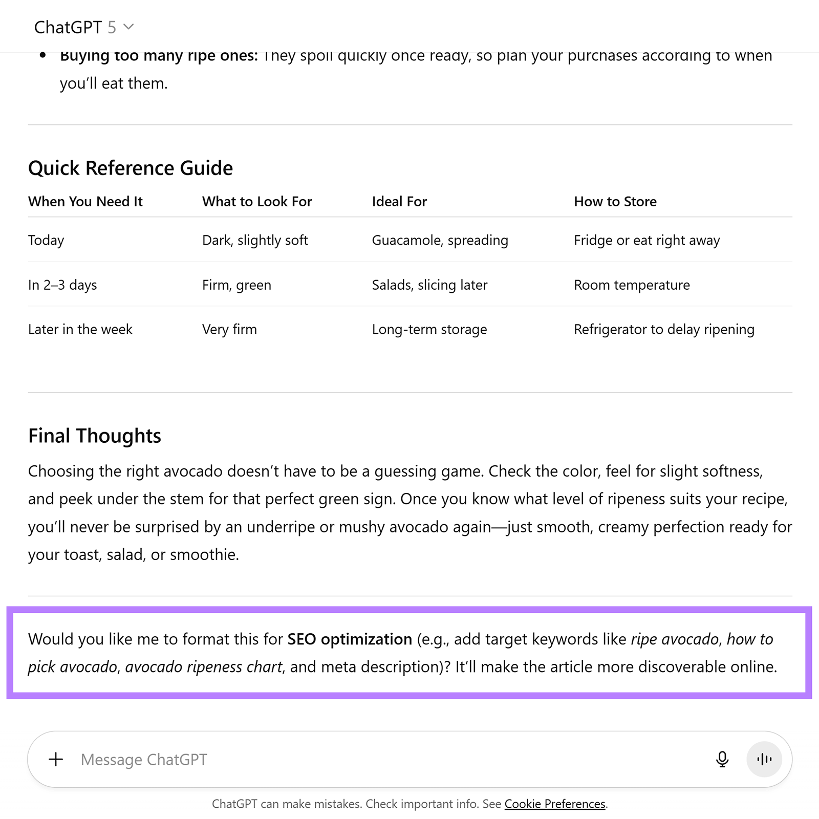 ChatGPT chat showing a follow-up suggestion for SEO optimization after generating an avocado article.
