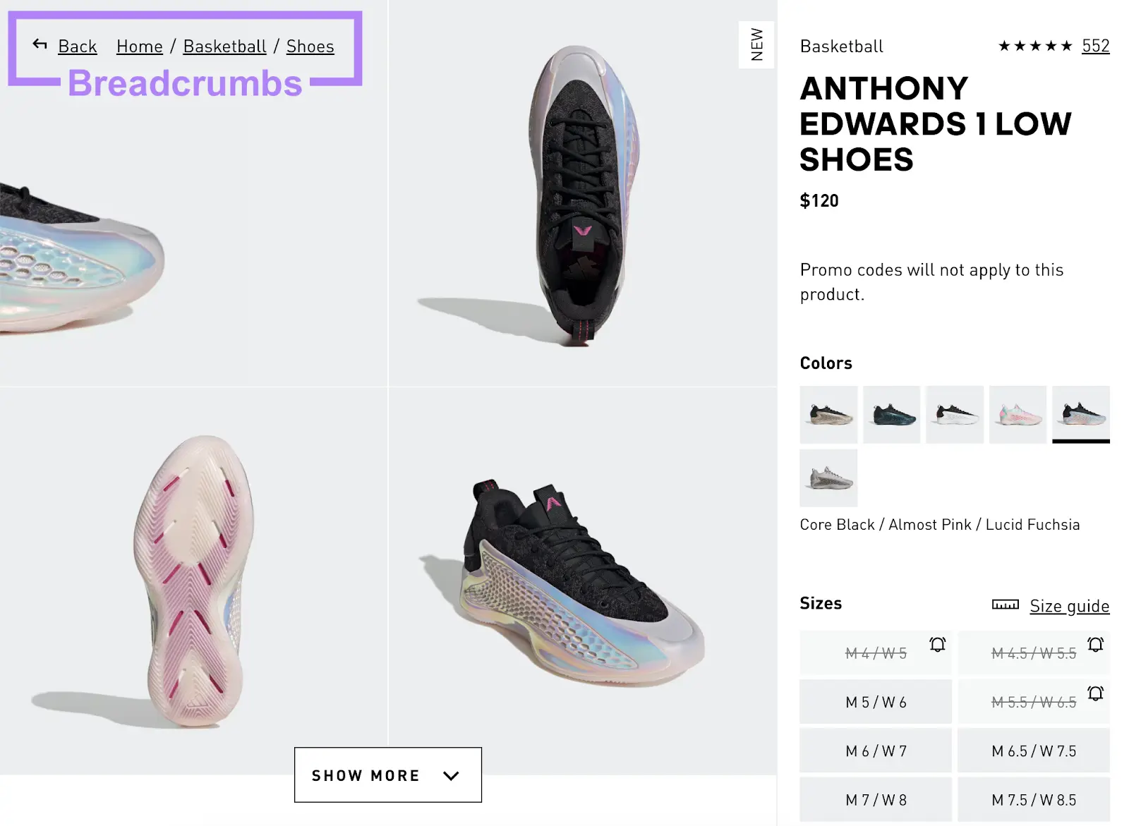 Breadcrumbs annotated on Anthony Edwards 1 Low Shoes product page