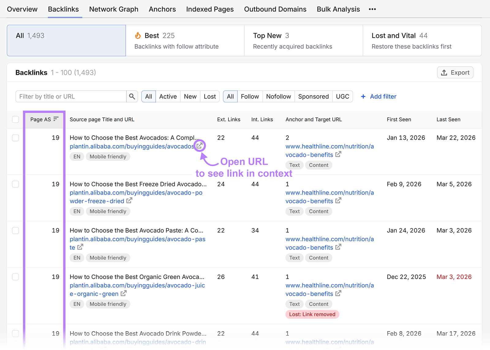 Backlinks report highlighting page authority scores and a source URL to view the backlink in context