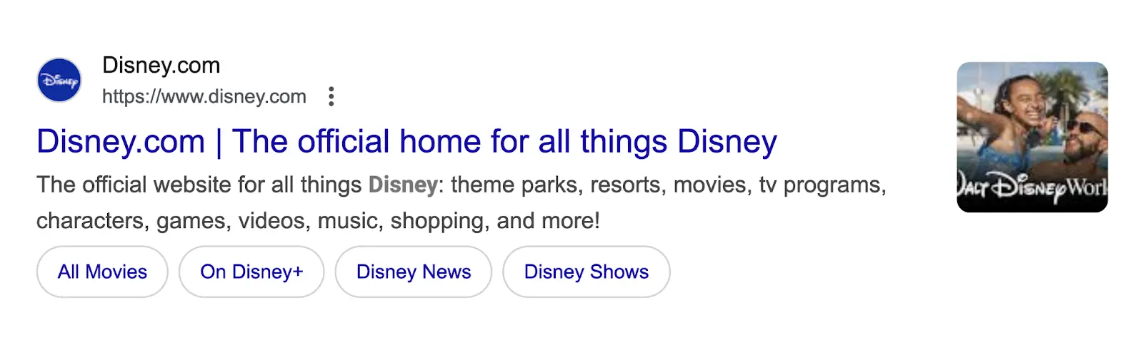 Disney site SERP result showing American English version in the US