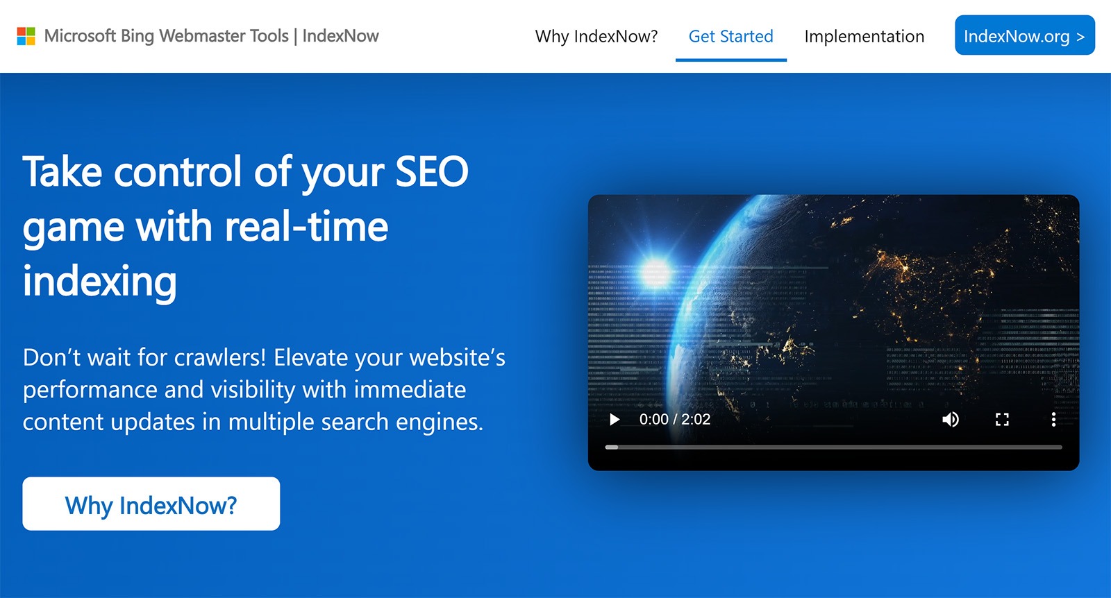 Microsoft Bing Webmaster Tools IndexNow page promoting real-time indexing