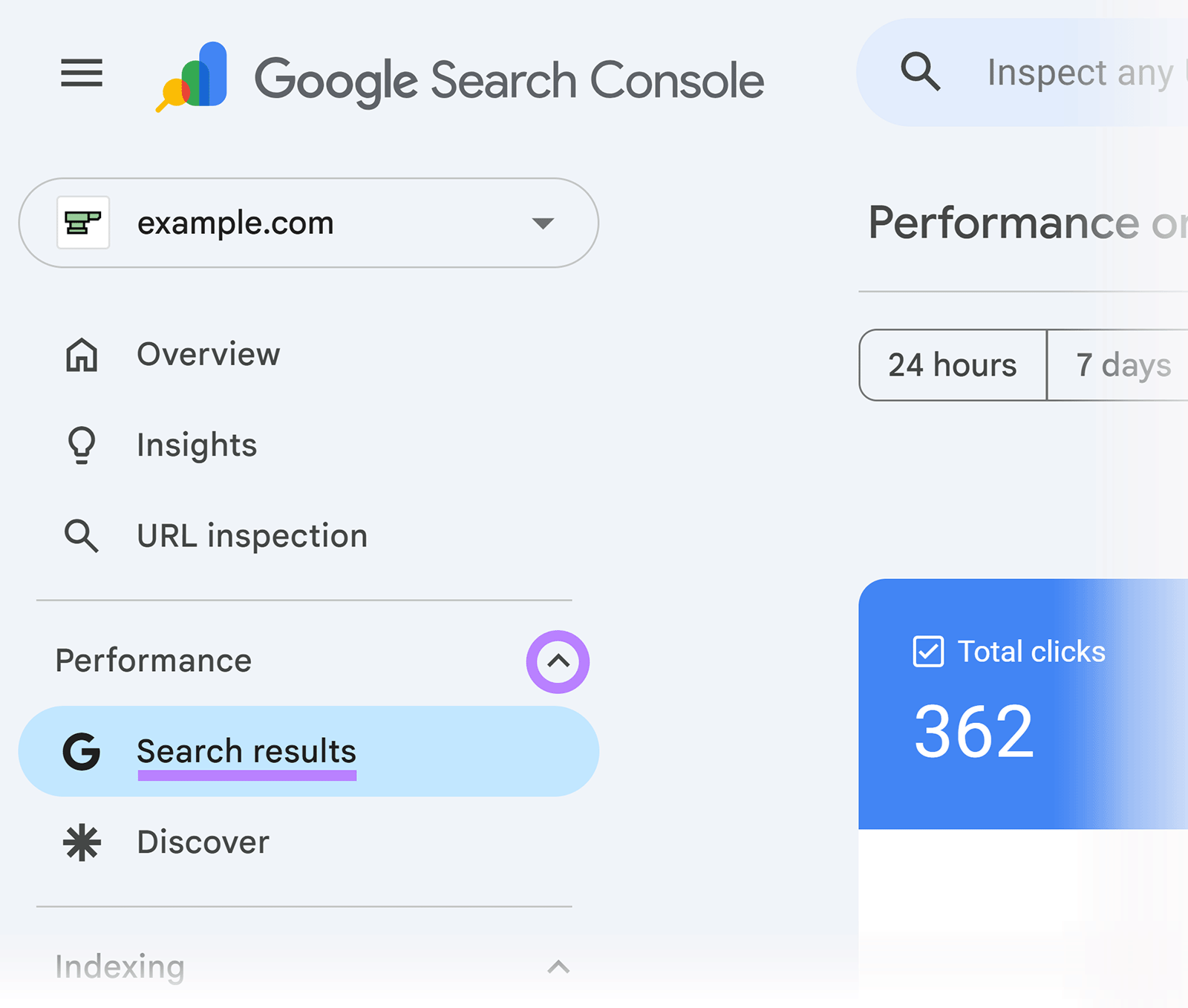 Google Search Console sidebar with Search results selected under the Performance section