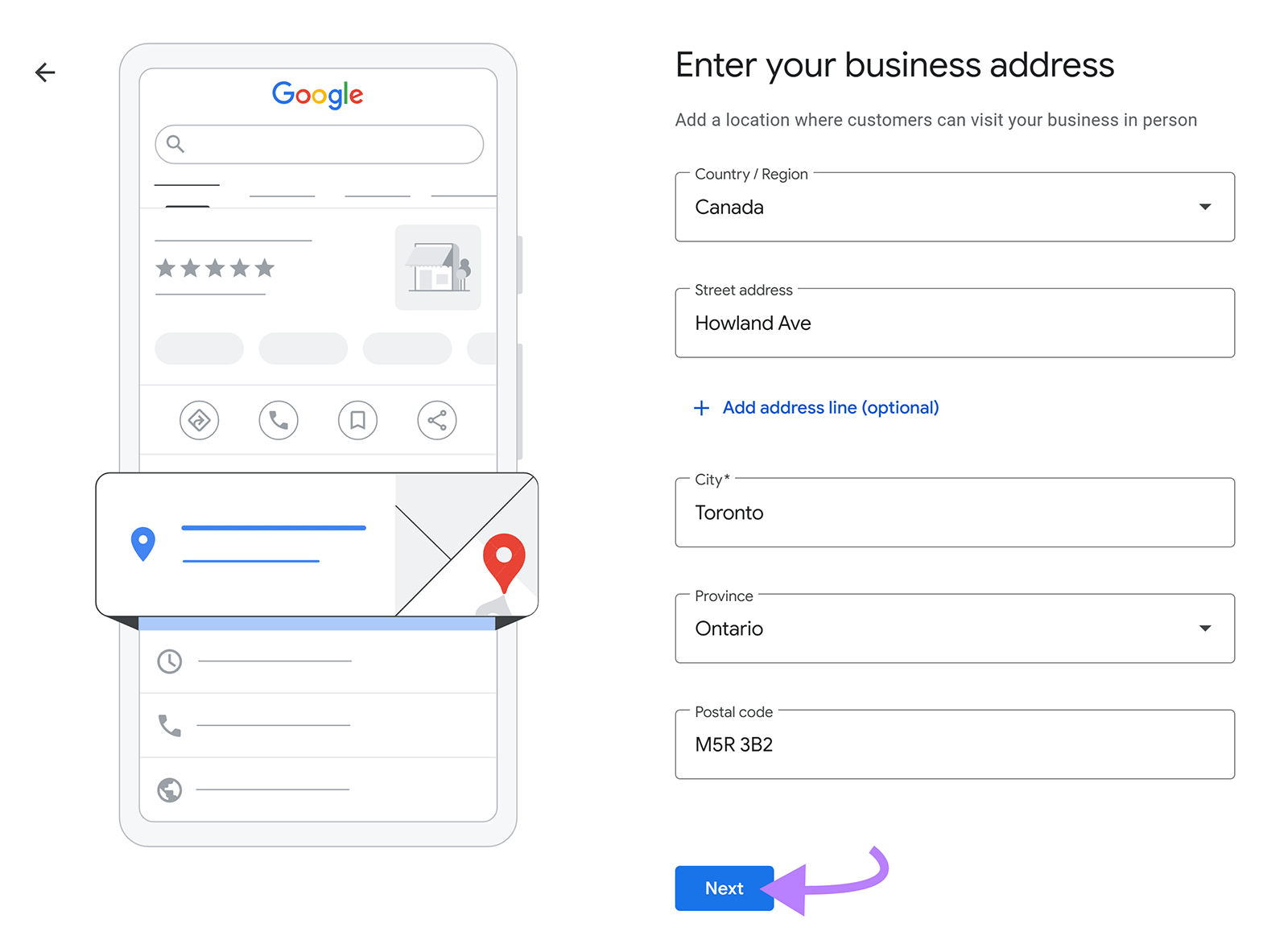 Business setup screen with address fields filled in and arrow pointing to “Next.”