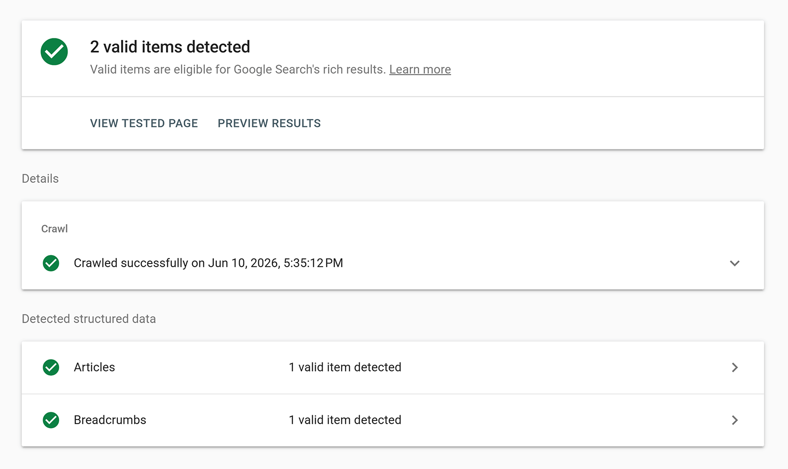 Google Rich Results Test showing two valid structured data items detected