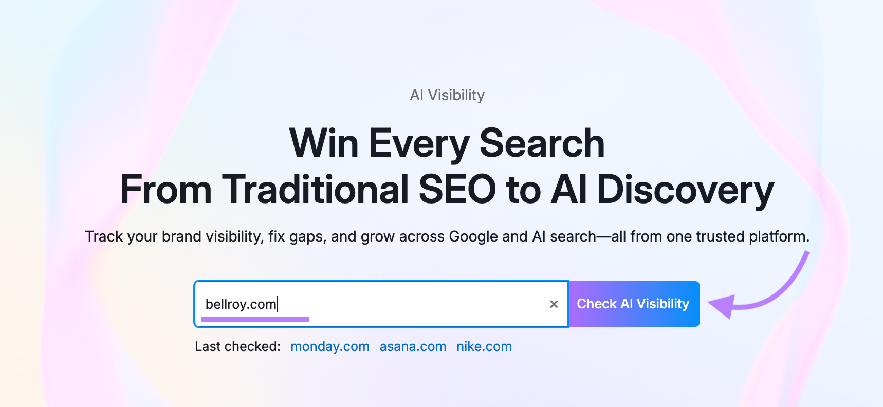 AI Visibility landing page with bellroy.com entered and “Check AI Visibility” button highlighted.