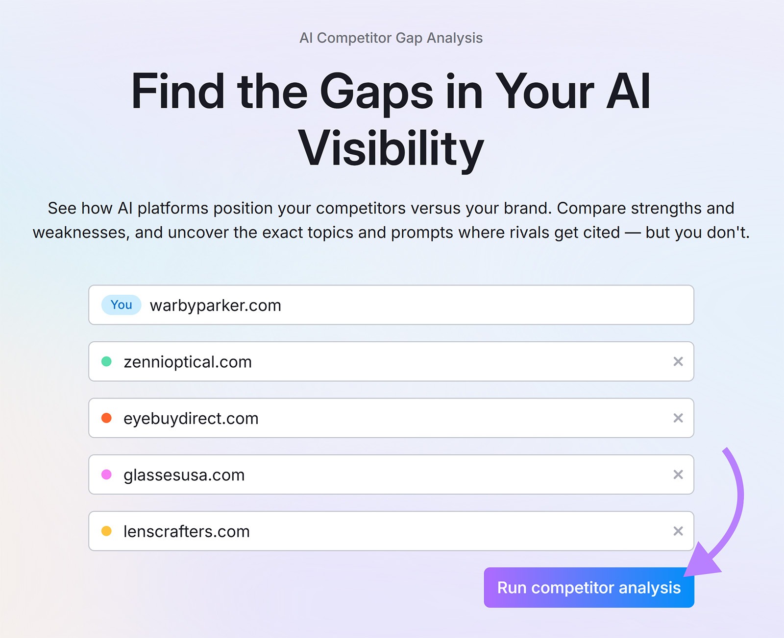 AI competitor gap analysis setup with input fields for competitor domains and button to run competitor analysis.