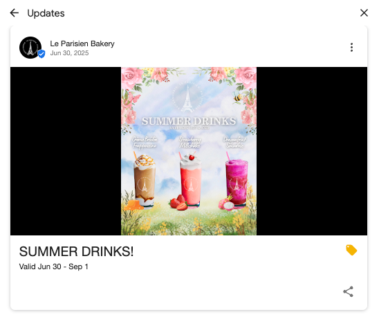 Google Post created by Le Parisien Bakery advertising Summer Drinks offer.