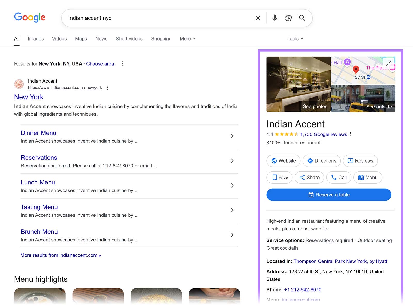 Google search result for “Indian Accent NYC” with the restaurant’s Business Profile card