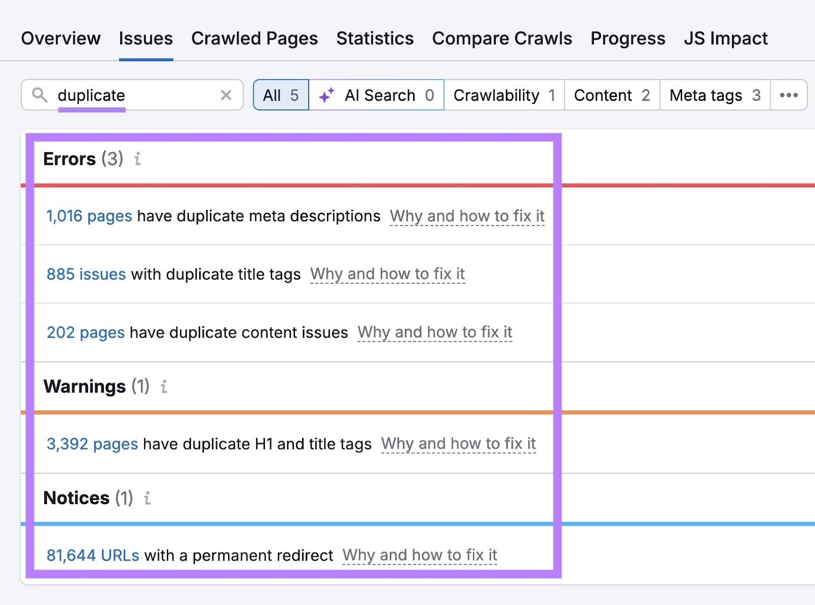 The "Issues" tab on Site Audit with "duplicate" entered showing a list of duplicate issues affecting a site.