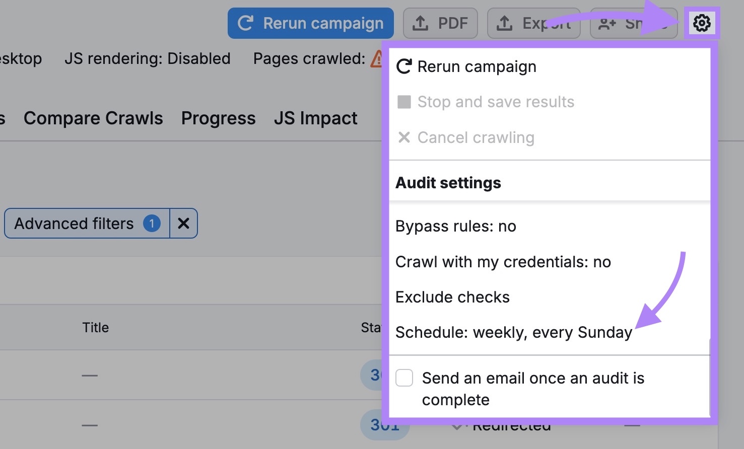 The gear icon clicked and "Schedule:" selected from the drop-down on the Site Audit tool.