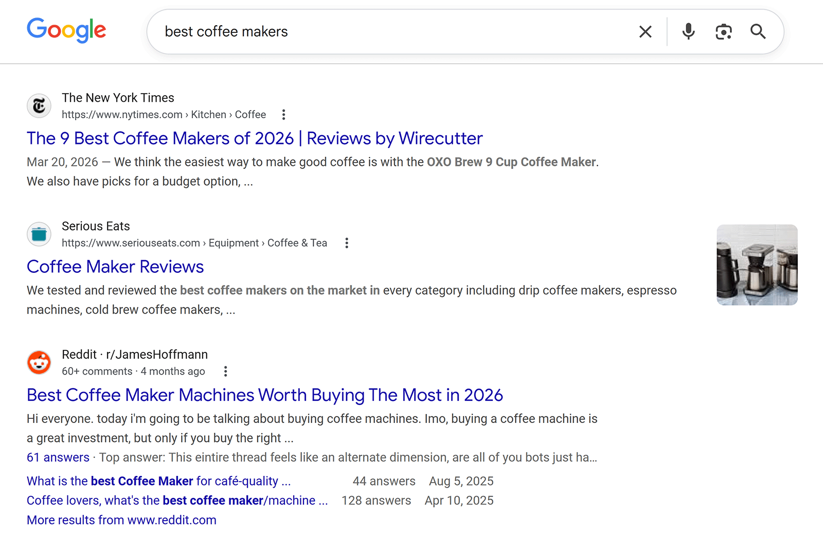 Google search results page for “best coffee makers” showing articles from Wirecutter, Serious Eats, and Reddit