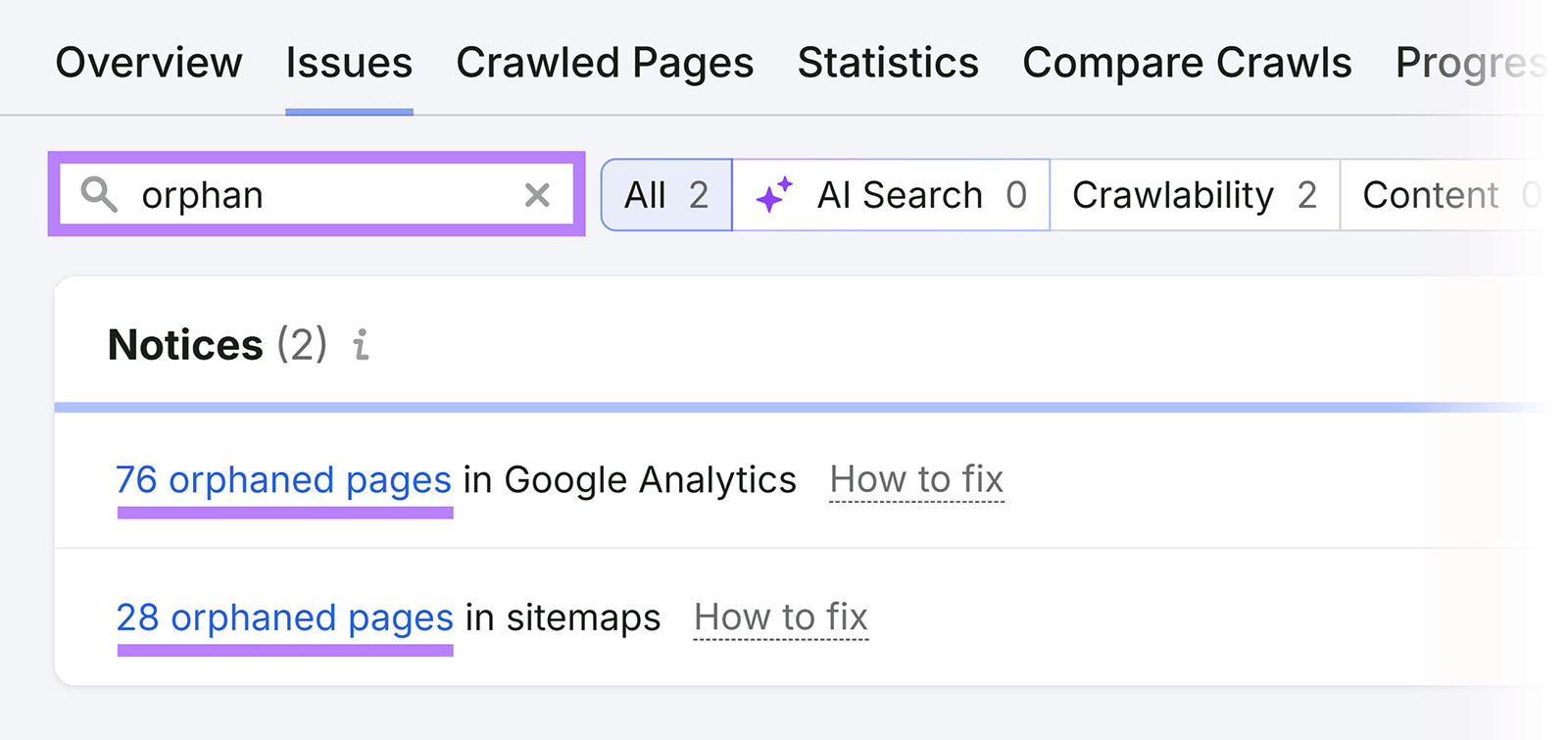 Semrush Site Audit issues filtered for orphaned pages in Google Analytics and sitemaps