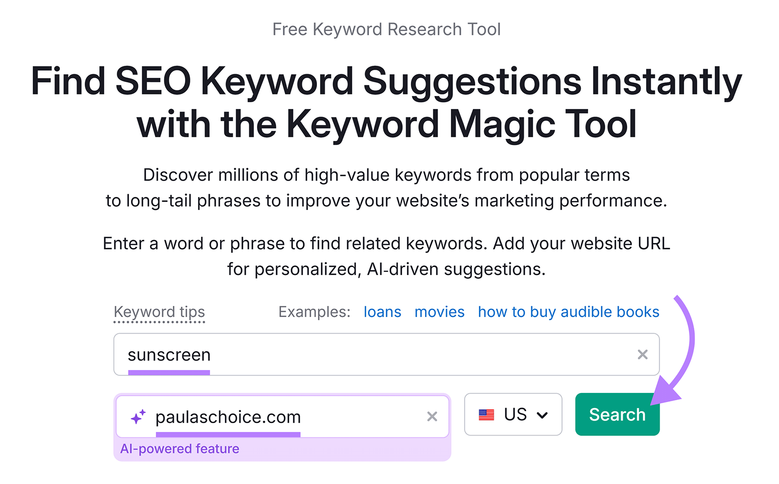 Arrow pointing to "Search" button after entering keyword and site URL.