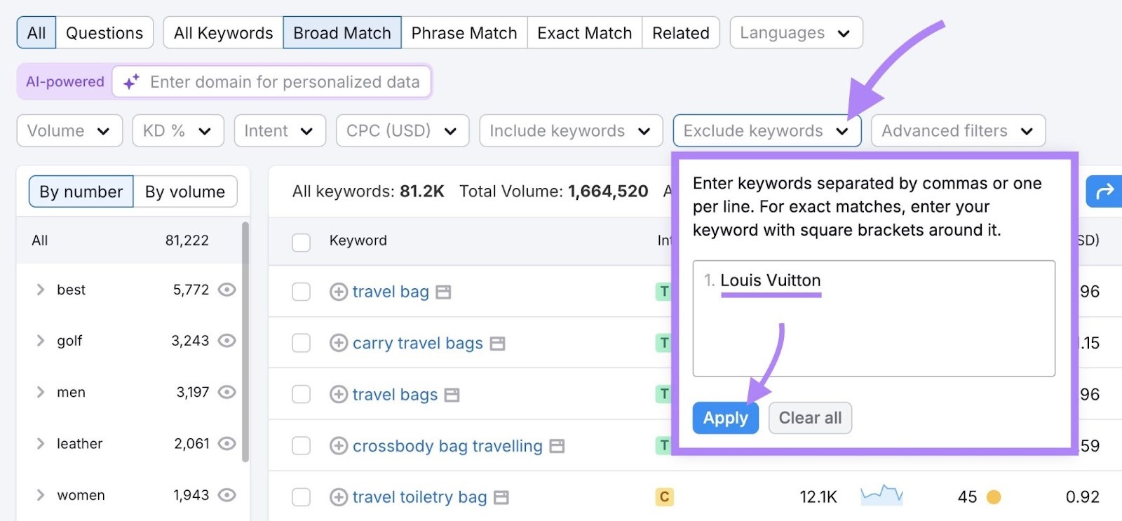 "Exclude keywords" clicked, "Louis Vuitton" entered, and "Apply" clicked on the Keyword Magic Tool.