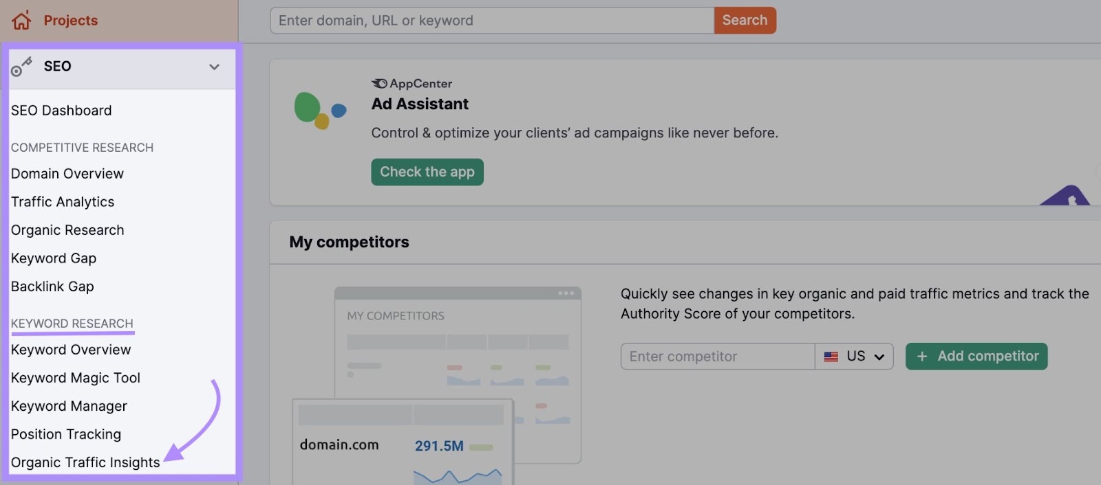 Navigating to "Organic Traffic Insights" in Semrush's sidebar