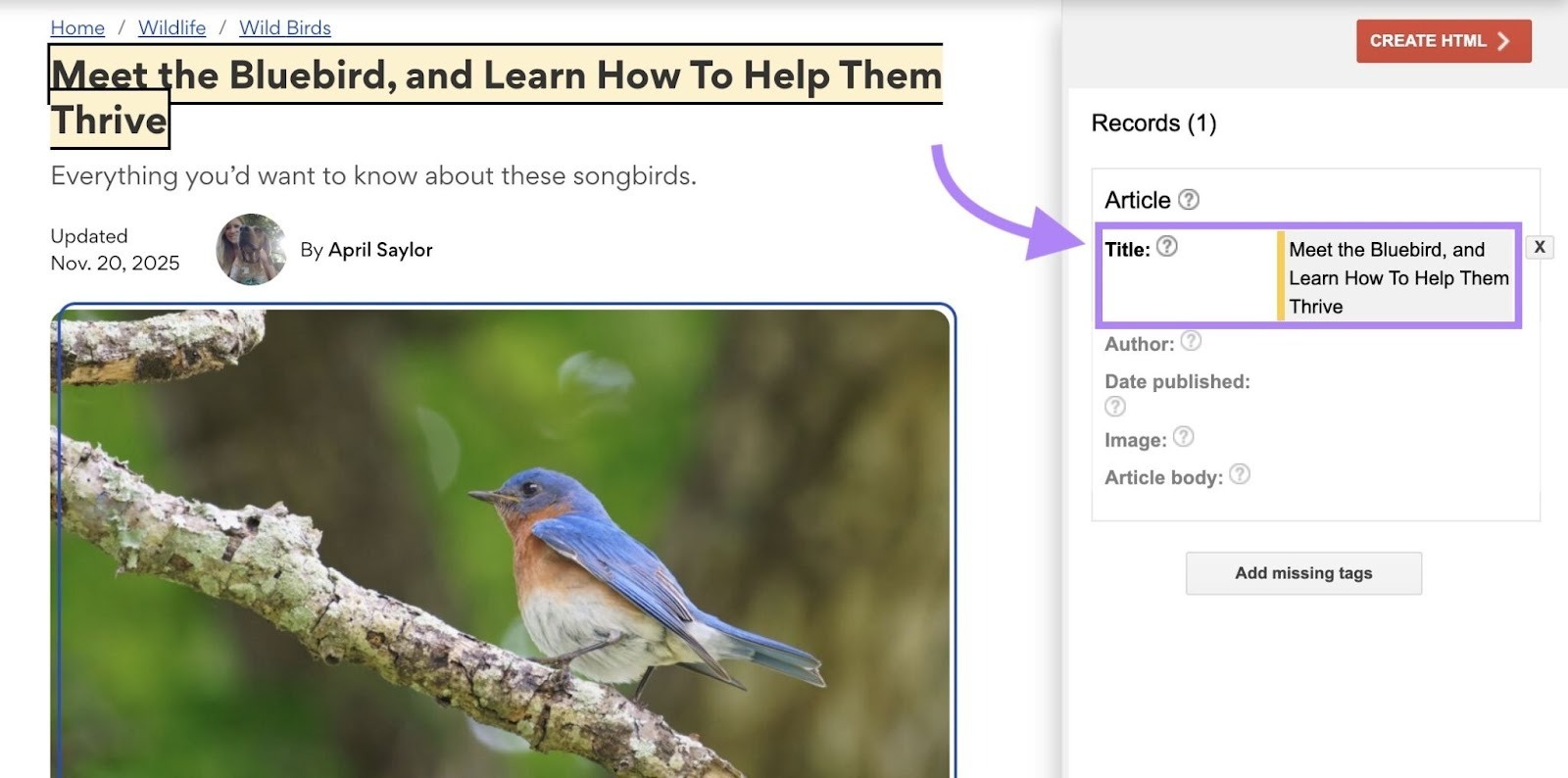 The marked-up "Title" highlighted on the right-hand side of the Structured Data Markup Helper.