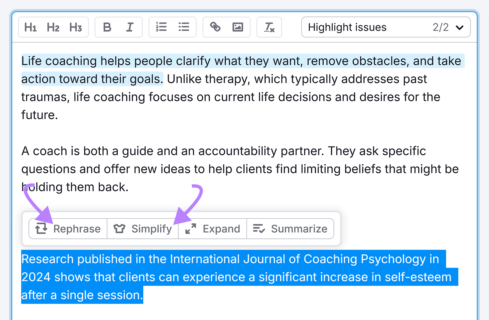 SEO Writing Assistant Editor highlights text with arrows pointing to “Rephrase” and “Simplify” AI content options
