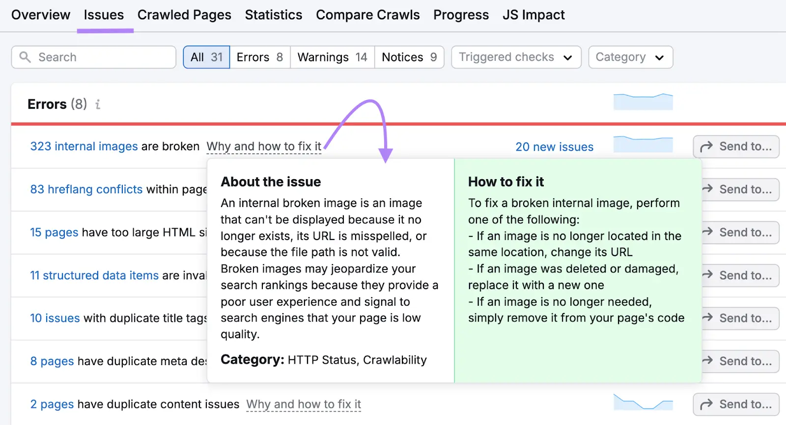 The "Issues" tab on Site Audit showing a list of errors along with "Why and how to fix it" next to an issue clicked.