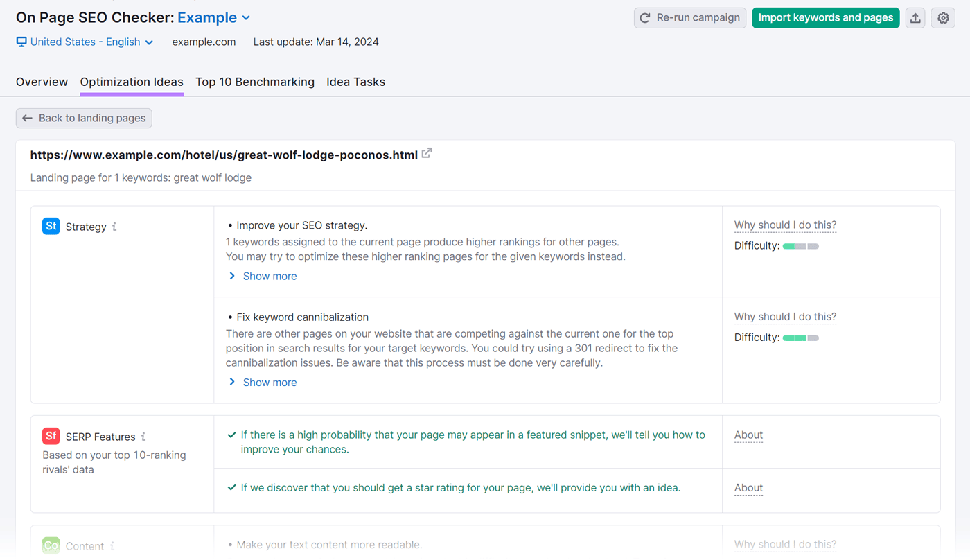 Optimization ideas page in On Page SEO Checker