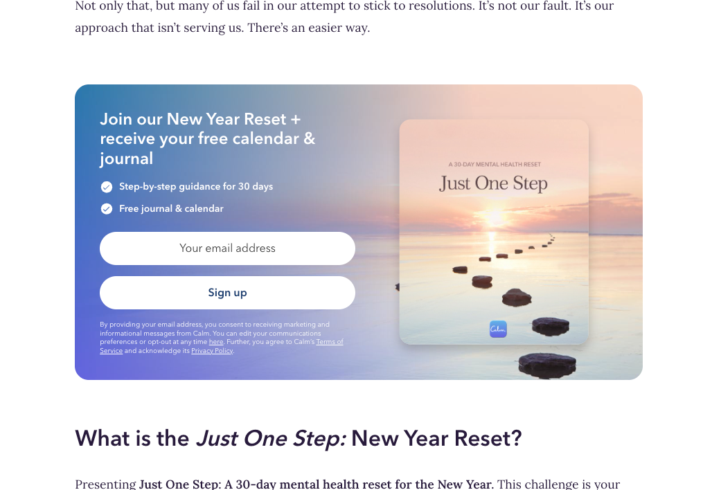 Section of a Calm blog article with a banner offering a free calendar and journal for signing up.