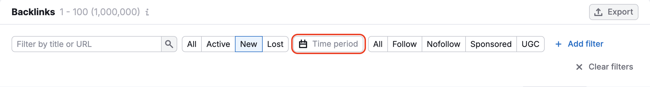 The Time period filter is highlighted next to the All/Active/New/Lost selector.