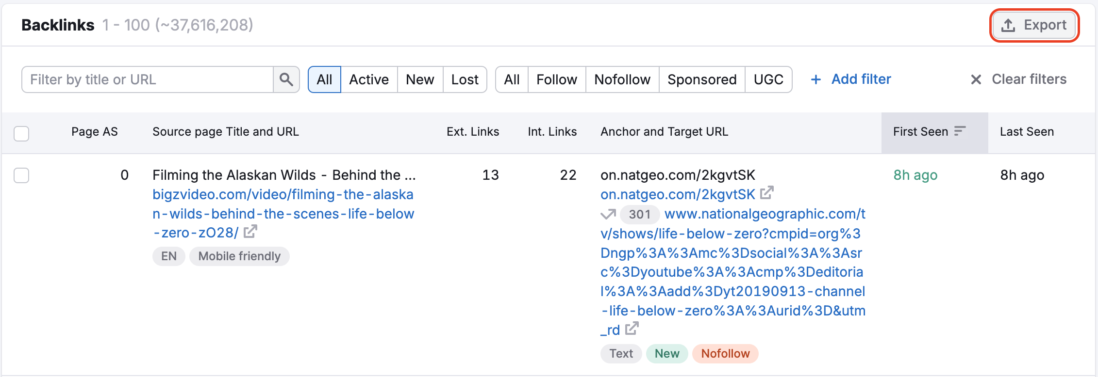 The Export button is highlighted at the top-right of the Backlinks table.