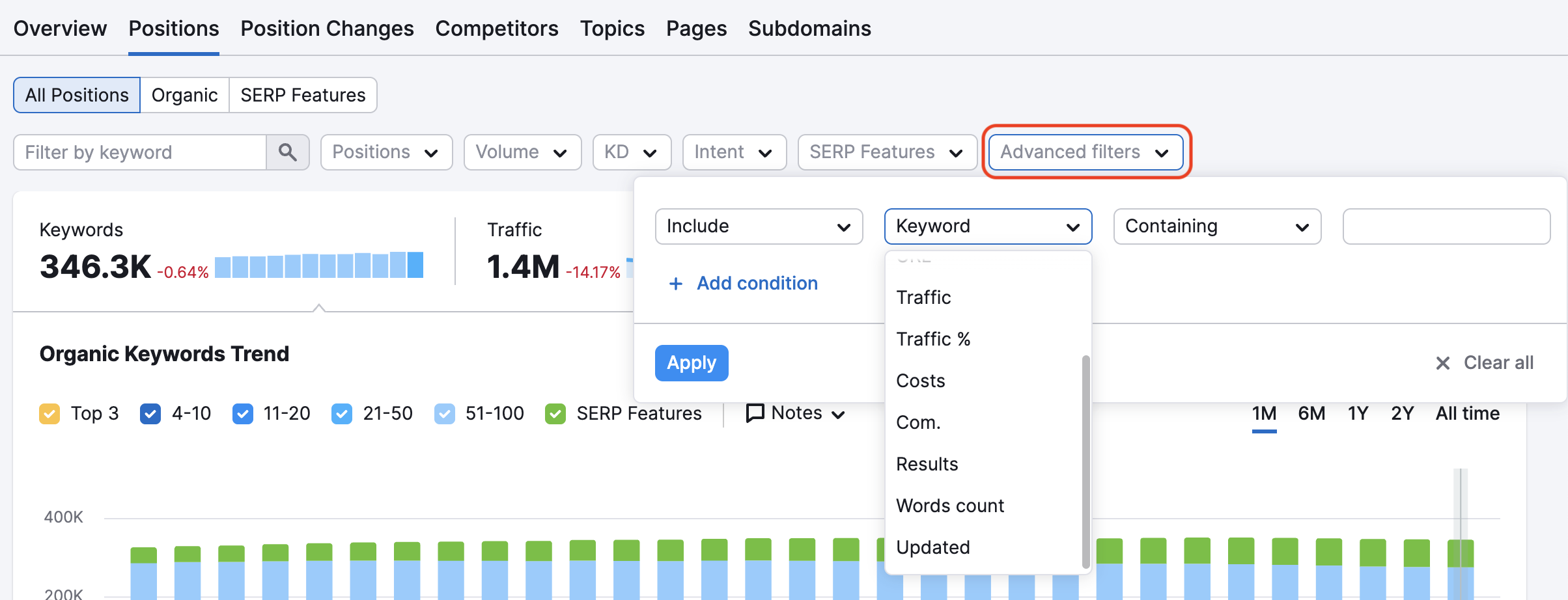 Example of advanced filter options, including keyword type, CPC, URL, traffic, traffic percentage, and more.