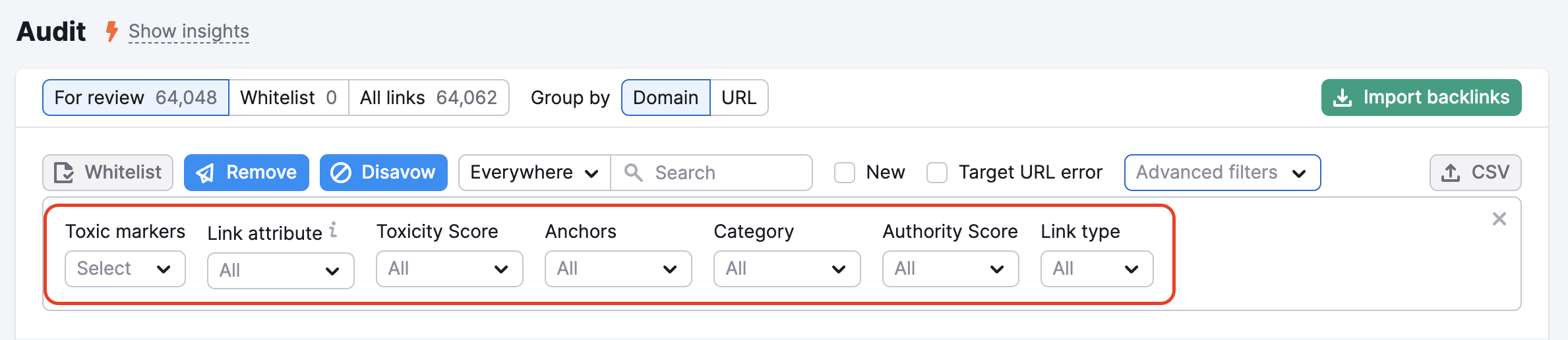 An example of what the list of Advanced filters looks like in Backlink Audit. A red arrow is pointing towards the Advanced filters dropdown menu, and the entire row of available advanced filters is highlighted separately.